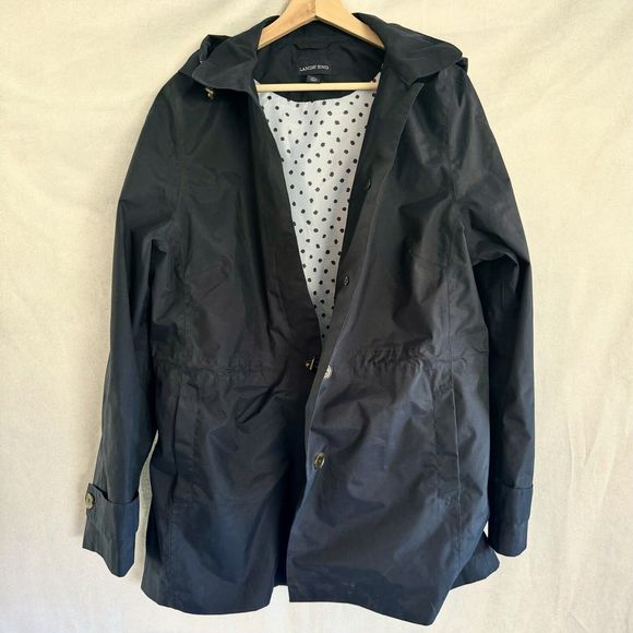 Lands' End Womens L 14-16 Navy Lined Polka Dot Raincoat Machine Wash Pockets - Picture 5 of 13